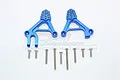 Two blue anodized aluminium front shock towers for an RC car, accompanied by a set of mounting screws and washers on a white background.