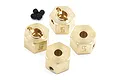 Four brass 12mm hex wheel adapters with Yeah Racing branding and four small black grub screws on a white background.