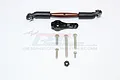 GPM Racing black aluminium 25T servo horn with a metal steering linkage and included mounting hardware on a white background.