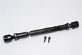 GPM Racing black steel rear main drive shaft for RC vehicles, showing length range 135-162mm, with two included grub screws on a white background.