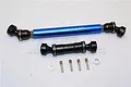 GPM Racing blue and black aluminium centre drive shafts for Traxxas E-Revo VXL 2.0, including mounting hardware.