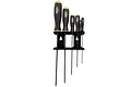 A set of six Du-Bro imperial ball hex drivers in a black wall-mounted storage rack against a white background.
