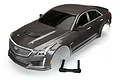 A pre-painted silver Traxxas Cadillac CTS-V RC car body shell with black windows and a separate black plastic mounting bracket on a white background.