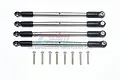 Four GPM Racing stainless steel tie rods with black plastic rod ends and eight matching silver screws on a white background.