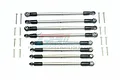 A set of eight GPM Racing stainless steel turnbuckles with black plastic rod ends and accompanying metal screws, arranged on a white background.