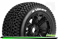 A close-up studio shot of a Louise B-Viper rear RC tyre mounted on a black beadlock spoke rim.