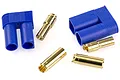 A pair of blue EC5 connector housings and four gold-plated bullet connectors arranged on a white background.
