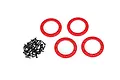 Four red anodized aluminium beadlock rings and a pile of small black screws for RC wheels on a white background.