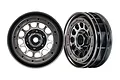Two Traxxas TRX-4 Method 105 1.9-inch black chrome RC crawler wheels shown from front and side angles.