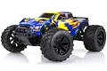HSP Wolverine 1/10 scale electric 4WD RC monster truck with a blue and yellow flame-patterned body shell on a white background.