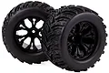 Two black monster truck RC wheels with aggressive tread patterns and black multi-spoke rims, shown against a white background.