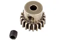 A steel 19-tooth pinion gear for RC cars with a separate grub screw on a white background.