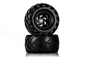 Two black RC monster truck wheels stacked on a white background, featuring aggressive tread patterns and black plastic rims.
