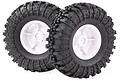 Two 1.9-inch RC crawler wheels with black off-road tires mounted on white plastic rims, shown against a white background.