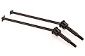 Two black metal RC universal drive shafts with threaded ends, isolated on a white background.