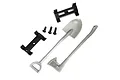 Traxxas TRX-4 scale accessory set including a grey plastic shovel, axe, two black mounting brackets, and three small metal screws on a white background.
