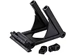 A black plastic wheelie bar mount for an RC car, featuring a triangular support structure and two small separate mounting brackets.