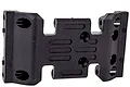 A black plastic RC car chassis component with mounting holes and textured details isolated on a white background.