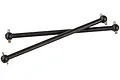 Two black metal RC car drive shafts with ball joints at each end, crossed over each other against a white background.