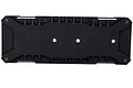 A black plastic battery tray component for an RC car, featuring a rectangular base with mounting holes and reinforced edges.