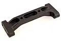 A black plastic RC car chassis brace component with mounting holes and a contoured design, isolated on a white background.