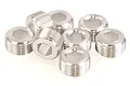 A group of eight silver-coloured aluminium pivot ball caps with hexagonal holes, arranged on a white background.