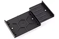 A black plastic radio box chassis plate for an HSP RC car, featuring a stepped design with mounting holes and a hexagonal reinforcement pattern.