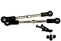 Two metal RC turnbuckle linkages with black plastic rod ends, accompanied by three black screws and three black lock nuts on a white background.