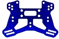 A blue anodized aluminium rear shock tower for an RC car, featuring multiple mounting holes for suspension adjustment.