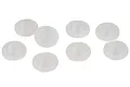 Eight translucent silicone shock diaphragms for RC car shock absorbers arranged on a white background.