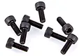 A group of eight black metal cap head screws arranged on a white background.