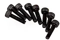 A group of eight black metal cap head screws arranged in a loose cluster on a white background.