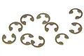 A collection of ten small metal E-clips scattered on a white background.