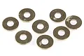 A set of eight small, circular silver-coloured metal washers arranged on a white background.