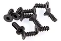 A pile of black metal countersunk head screws with coarse threads and hex drive sockets.