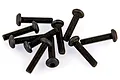A pile of eight black metal button head screws with hex drive sockets, isolated against a white background.