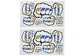 Two identical sheets of RPM RC fist logo stickers featuring various sizes of white fists with blue RPM text and yellow stripes.
