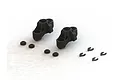 A pair of black ARRMA steering blocks with associated small plastic washers and C-clips on a white background.