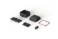 ARRMA radio box set components including a black plastic housing, lid, gasket, and mounting hardware on a white background.
