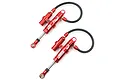 Two red Yeah Racing Desert Lizard piggyback RC shock absorbers with black hoses on a white background.