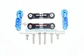 GPM Racing blue aluminium servo horns and black steering linkages with mounting screws for RC cars.