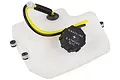 A translucent white plastic fuel tank for an RC car with a black screw-on cap labeled Gasoline + 2-Stroke Oil, featuring yellow and black fuel tubing.