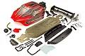 Rovan 5IVE-T to V5 conversion kit components including a red and black painted body shell, metal chassis, side guards, rear wing, and various hardware.