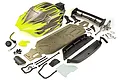 Rovan 5IVE-T to V5 conversion kit components including a green and black painted body shell, metal chassis, exhaust, and various plastic parts.