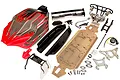Rovan 5IVE-T to V5 sports conversion kit including a red and black painted body shell, metal chassis, exhaust, and various mounting hardware.