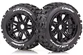 Two Louise B-ulldoze RC buggy wheels with black spoke rims and aggressive tread patterns, set against a white background.