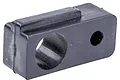 A black, rectangular plastic chassis brace component for an RC vehicle, featuring two circular mounting holes.