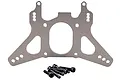 A silver aluminium rear shock tower for an RC car with a set of black mounting screws placed below it against a white background.