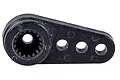 A black plastic single-arm servo horn with a splined center hole and three mounting holes, isolated on a white background.