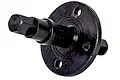 A black metal centre differential spool for an RC vehicle, featuring a circular flange with mounting holes and a central shaft with hex ends.